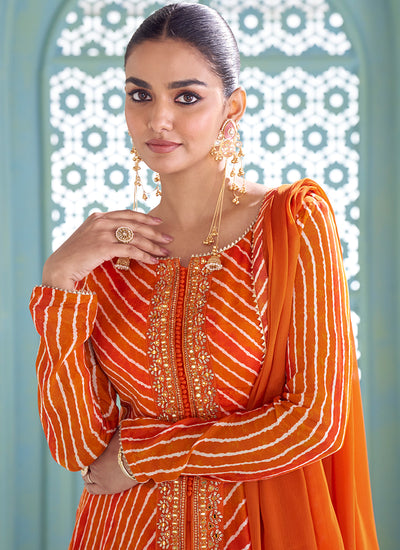 Shop Orange embroidered silk slit Anarkali palazzo suit For Indian wedding wear.