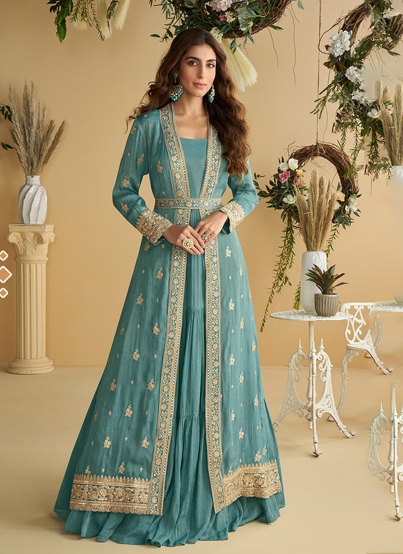 Buy Sky Blue Embroidered Jacket Style Anarkali Dress Online | Hatkay Buy Sky Blue Embroidered Jacket Style Anarkali Dress Online | Hatkay