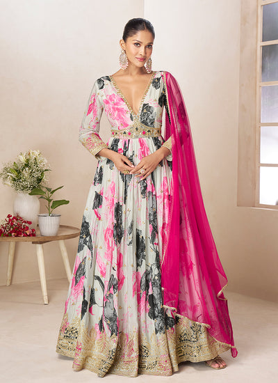 Grey and Pink Floral Printed Embroidered Anarkali Gown