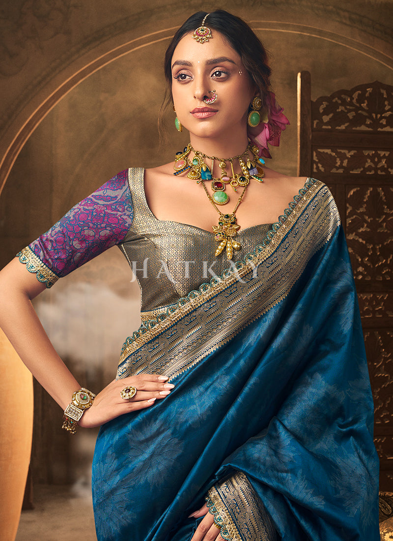 Buy Beautiful Turquoise Silk Saree In UK