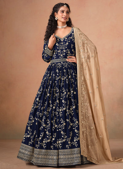 Dark Blue Embroidery Anarkali Suit
