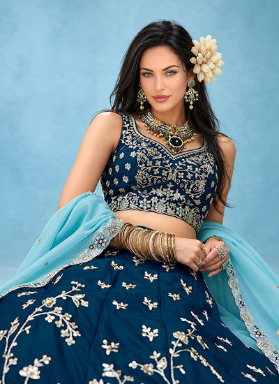 Shop Royal Blue Rangoli Silk Lehenga Choli Set In UK
