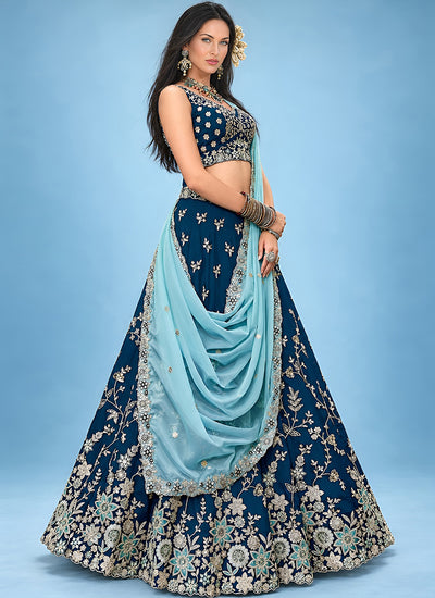 Buy Royal Blue Rangoli Silk Lehenga Choli Set In USA