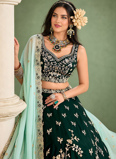 Shop Dark Green Rangoli Silk Lehenga Choli Set In Canada