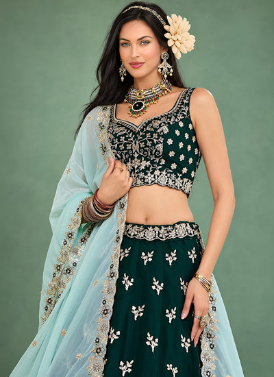 Buy Dark Green Silk Lehenga Choli Set At Hatkay