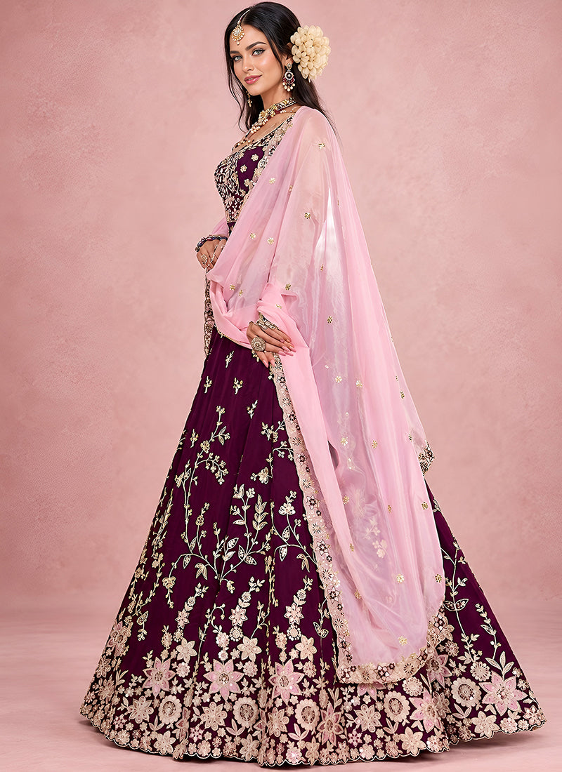 Shop Maroon Silk Lehenga Choli Set Online At Hatkay