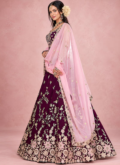 Shop Maroon Silk Lehenga Choli Set Online At Hatkay