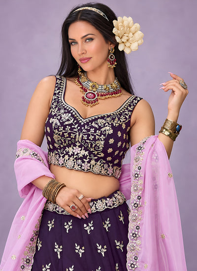 Buy Deep Purple Silk Lehenga Choli Set Online