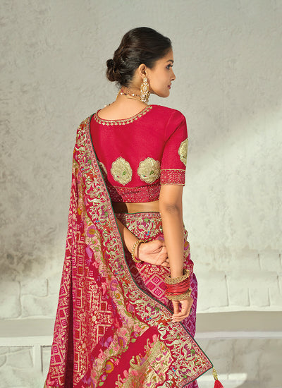 Buy Magenta And Red Embroidered Sari In USA