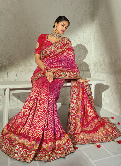 Buy Magenta And Red Embroidered Sari Online
