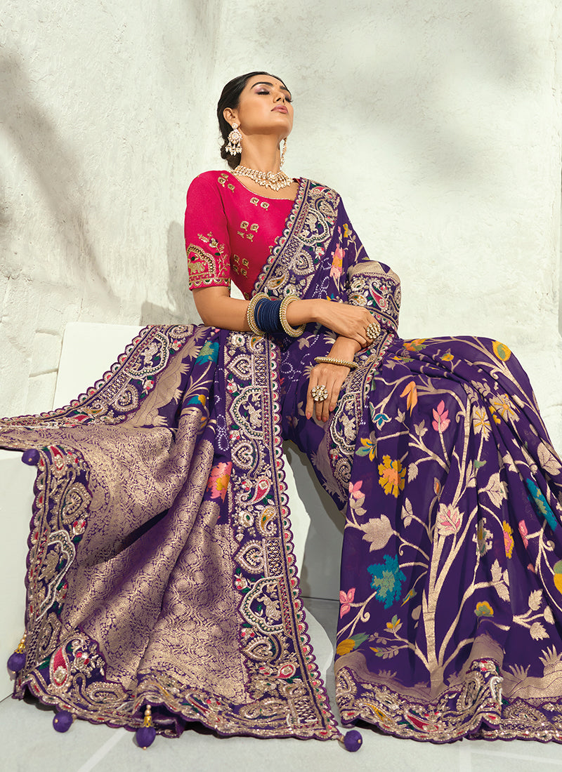 Buy Purple And Magenta Embroidered Sari In Canada