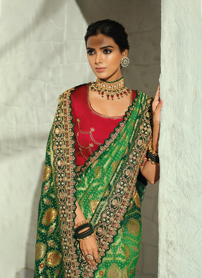 Buy Green And Red Embroidered Sari In USA