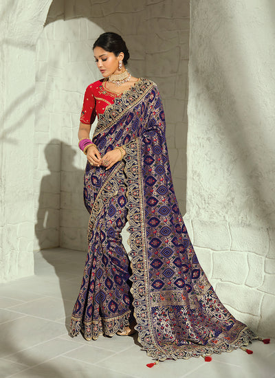Purple And Red Handwork Embroidered Saree