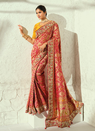 Red And Yellow Handwork Embroidered Saree