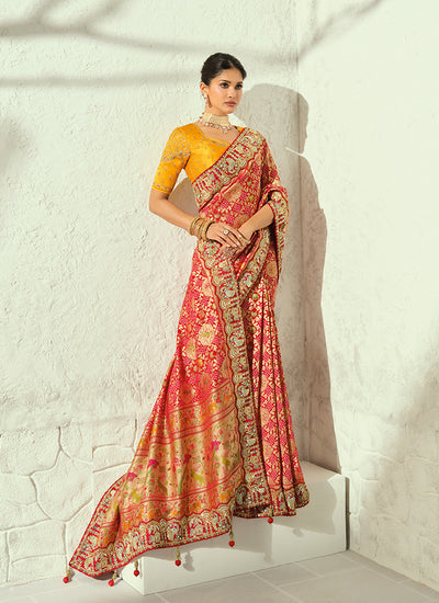 Shop Red And Yellow Embroidered Saree In Canada