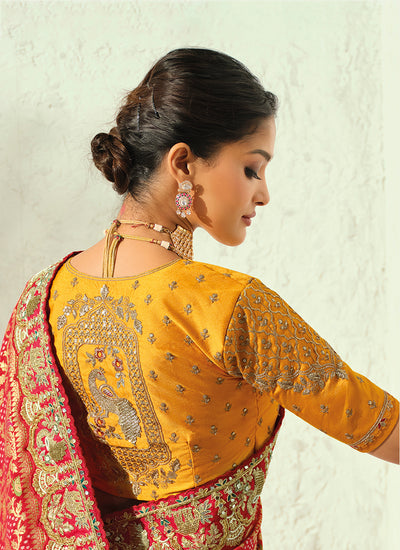 Buy Red And Yellow Embroidered Sari In USA
