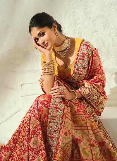 Buy Red And Yellow Embroidered Sari Online