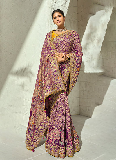 Wine And Yellow Handwork Embroidered Saree