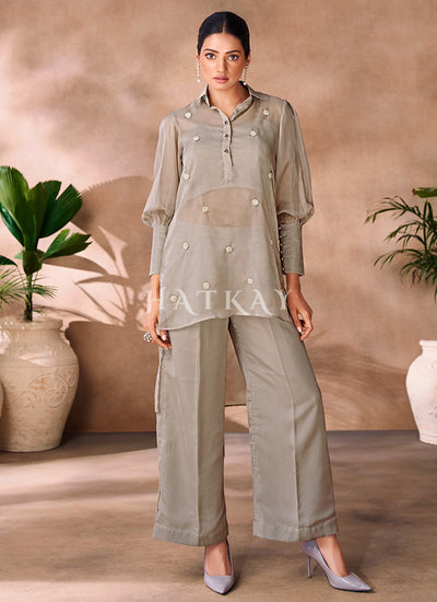 Grey Handwork Embroidery Organza Co-Ord Set
