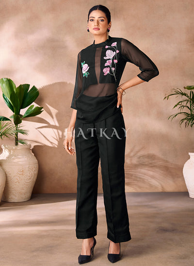 Black Floral Embroidery Organza Co-Ord Set