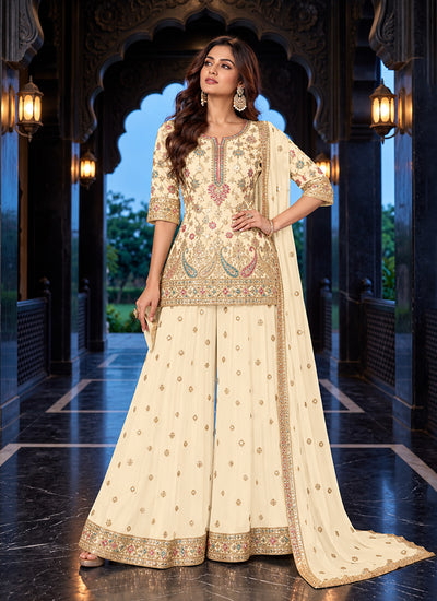 Ivory Multicoloured Embroidered Gharara Suit