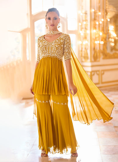 Mustard Yellow Embroidered Peplum Gharara Set