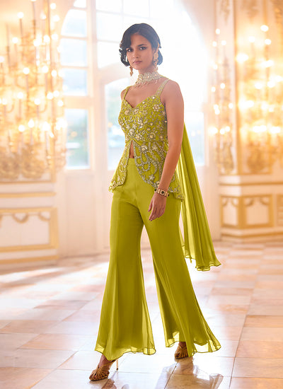 Lime Green Embroidered Georgette Palazzo Set