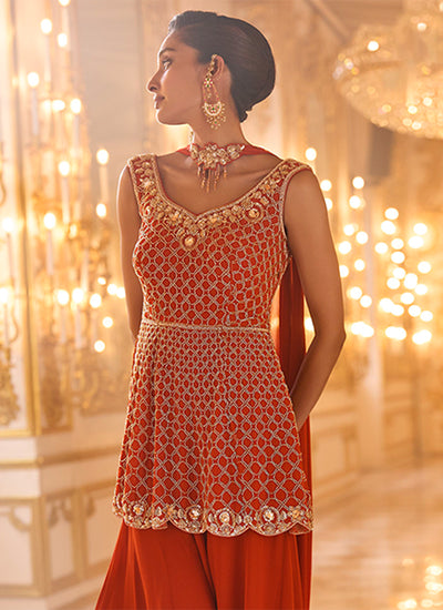 Buy Rust Orange Peplum Gharara Set In UAE