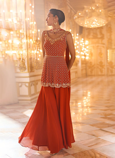 Rust Orange Embroidered Peplum Gharara Set