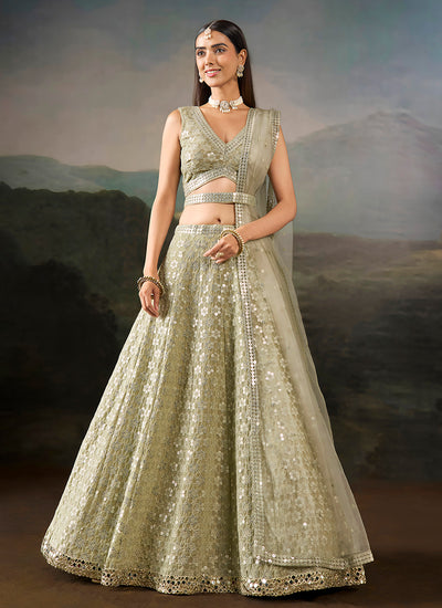 Pastel Green Embroidered Georgette Lehenga Set