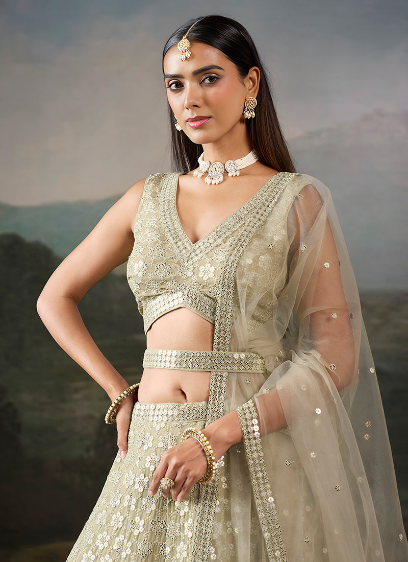 Shop Pastel Green Georgette Lehenga Set At Hatkay