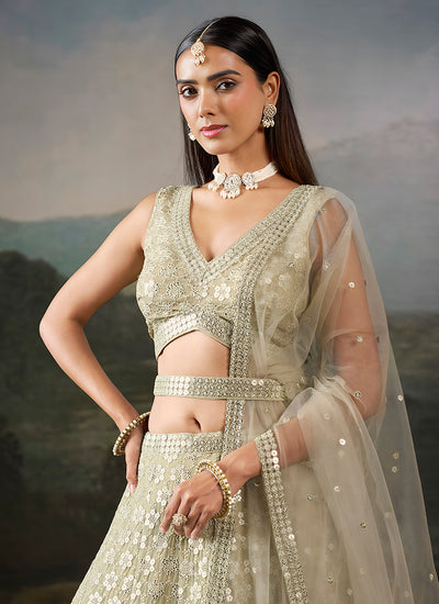 Shop Pastel Green Georgette Lehenga Set At Hatkay