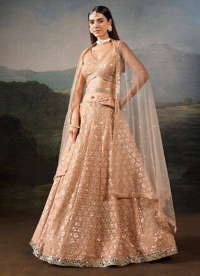 Buy Light Peach Embroidered Lehenga In UAE