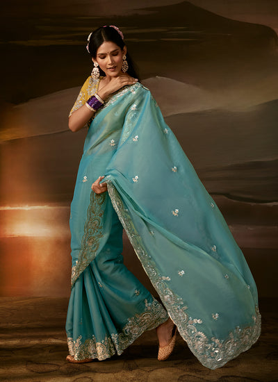 Shop Aqua Blue Organza Silk Saree Online