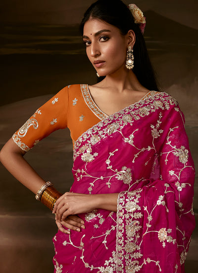 Buy Magenta Organza Silk Saree In Canada