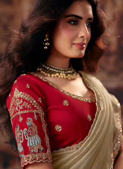 Shop Beige And Red Sari Online In USA