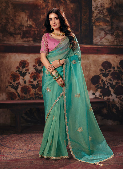 Sea Green And Pink Reshamkari Embroidered Saree