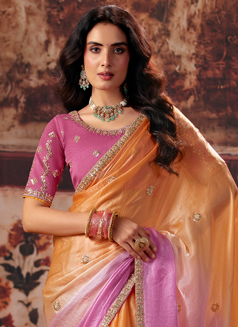 Shop Pink And Orange Designer Saree Online