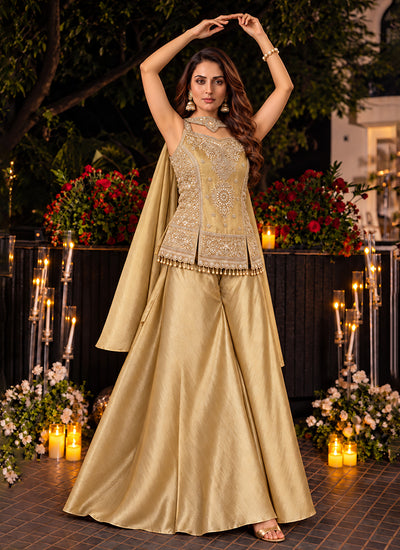 Shop Beige Golden Embroidered Sharara Suit in UAE