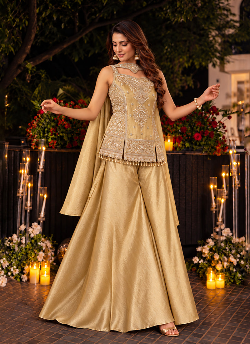 Buy Beige Golden Sharara Suit Online At Hatkay
