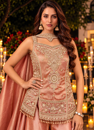 Shop Soft Peach Embroidered Sharara Suit In UK