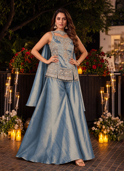 Shop Powder Blue Embroidered Sharara Suit Online