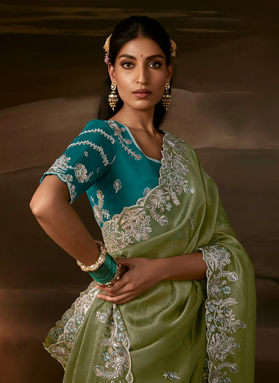 Shop Green Organza Silk Saree In Usa