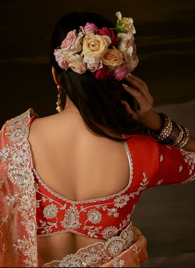 Buy Coral Organza Silk Saree For Festival