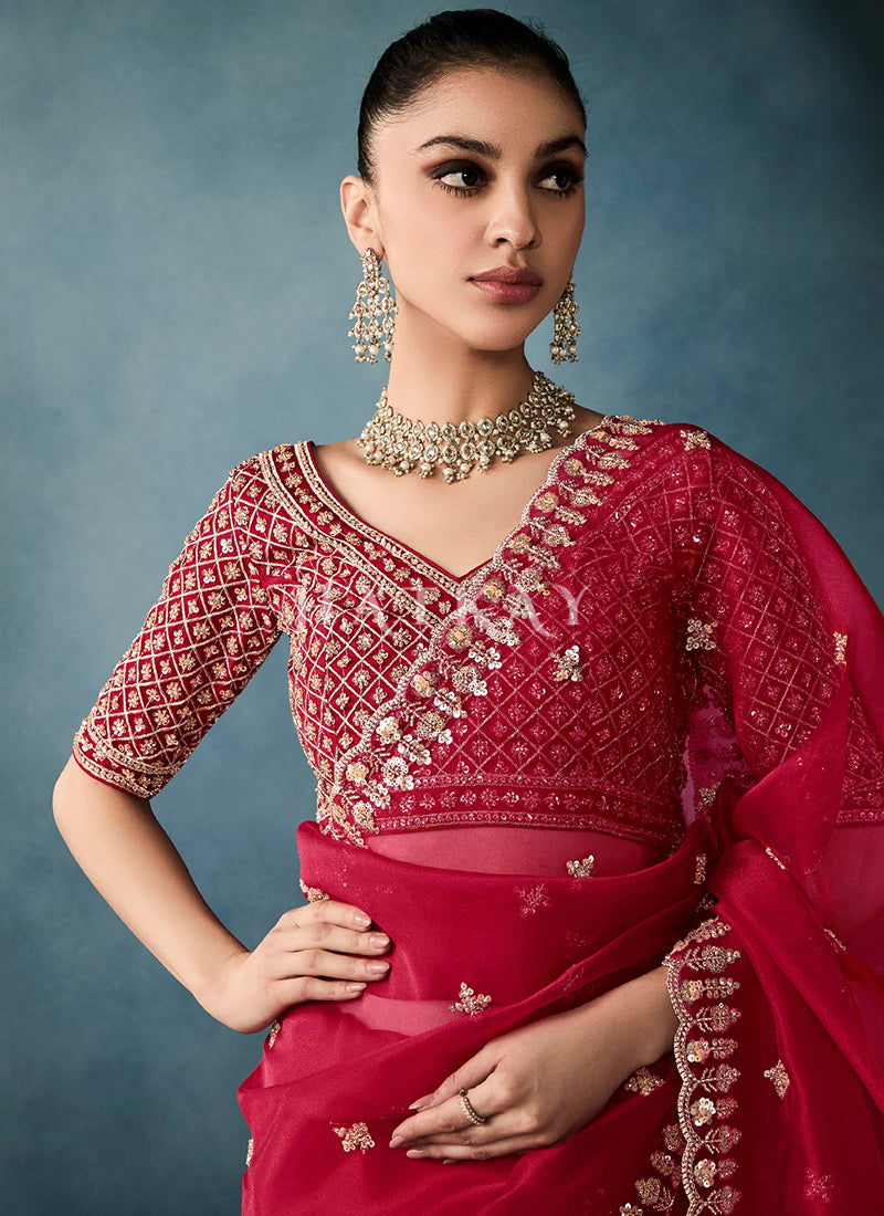 Buy Red Handwork Designer Saree In Australia