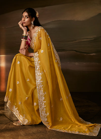 Shop Yellow And Pink Organza Silk Saree