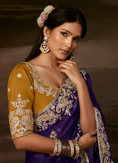 Buy Violet Bollywood Organza Silk Saree In UK