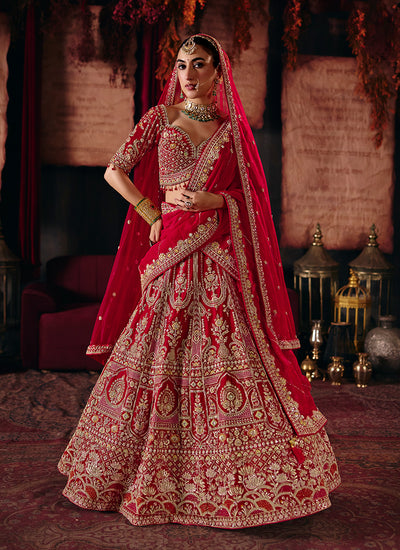 Red Traditional Embroidered Silk Bridal Lehenga