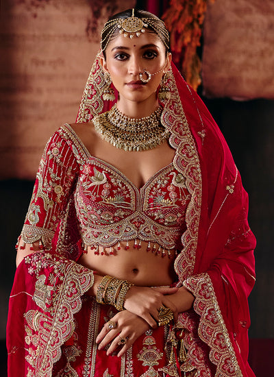 Buy Bridal Red Silk Lehenga Choli Online At Hatkay