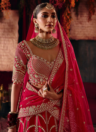 Buy Red Embroidered Bridal Lehenga Choli In Canada